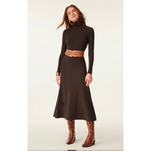 OGL Women Medium Brown MaxWarm Turtleneck Midi Dress Long Sleeve A-Line Flare